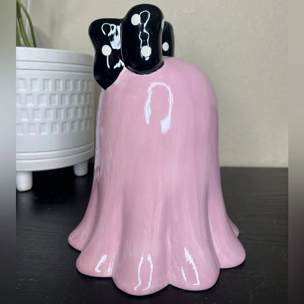 NEW Ceramic Iridescent Pink Ghost Girl with Black Polka Dot Bow